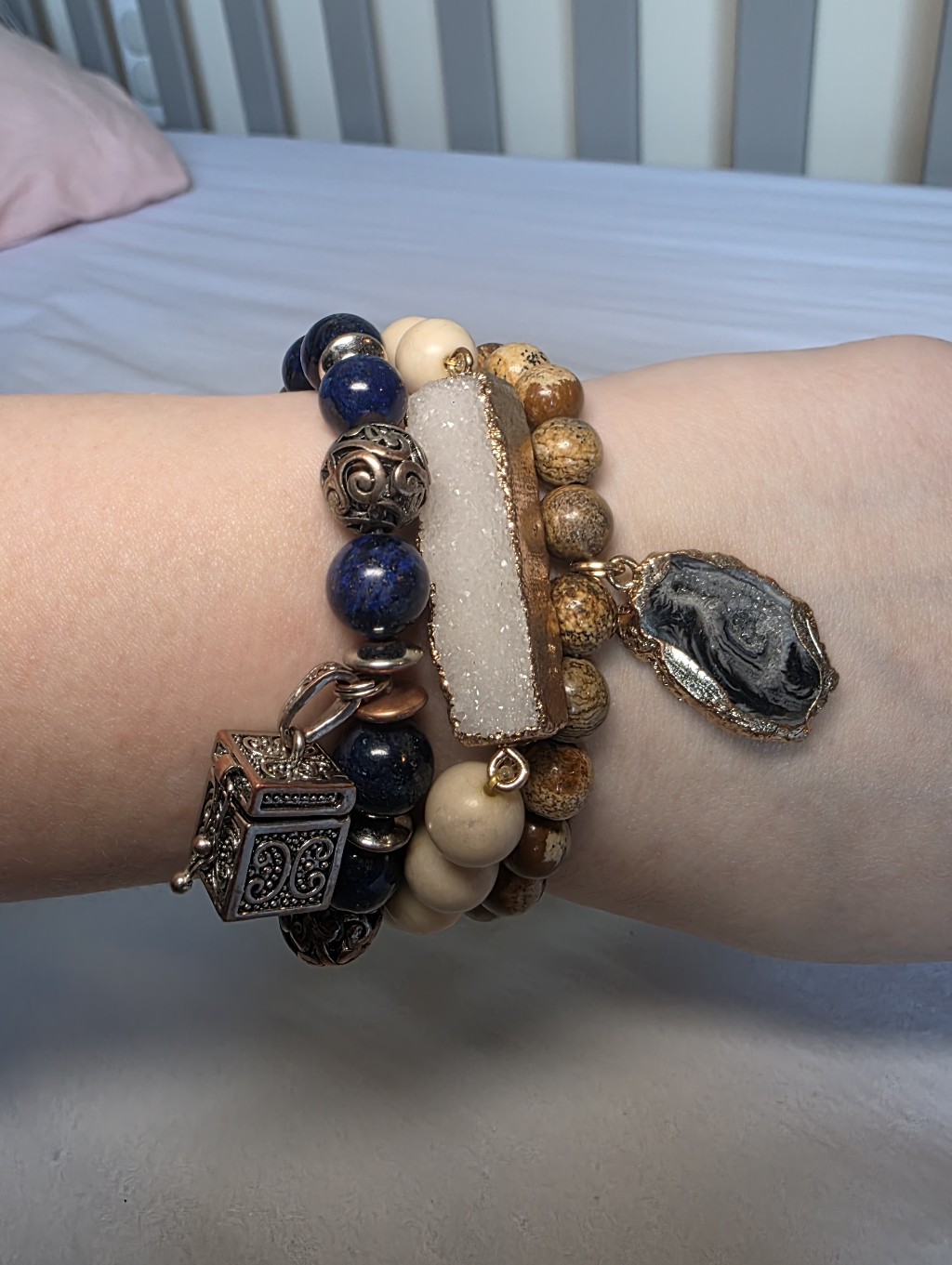 Beaded Cream Druzy, Gray Stone, And Trinket Box Charm Bracelet Stack